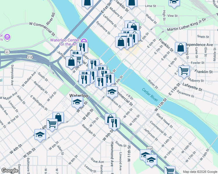 map of restaurants, bars, coffee shops, grocery stores, and more near 224 West 6th Street in Waterloo