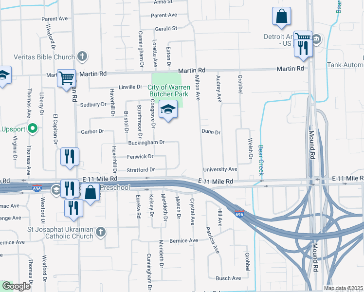 map of restaurants, bars, coffee shops, grocery stores, and more near 27259 Pembroke Drive in Warren
