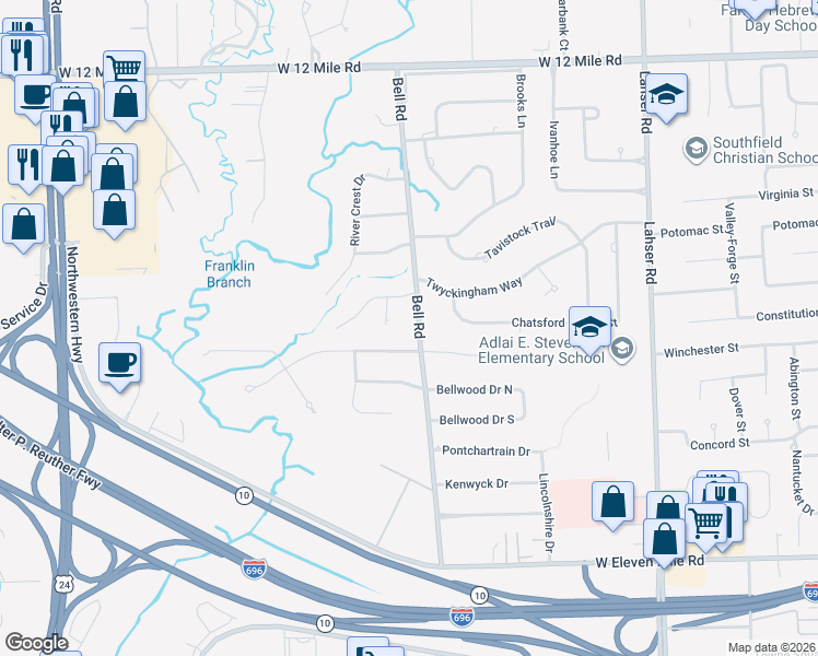 map of restaurants, bars, coffee shops, grocery stores, and more near 28201 Bell Road in Southfield