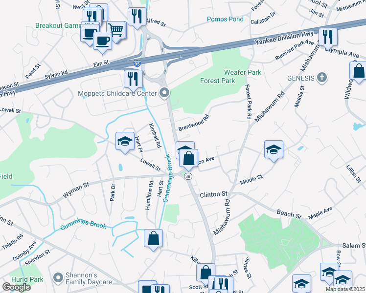 map of restaurants, bars, coffee shops, grocery stores, and more near 695 Main Street in Woburn