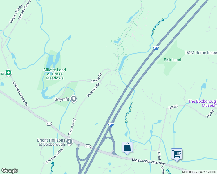 map of restaurants, bars, coffee shops, grocery stores, and more near 42 Swanson Court in Boxborough