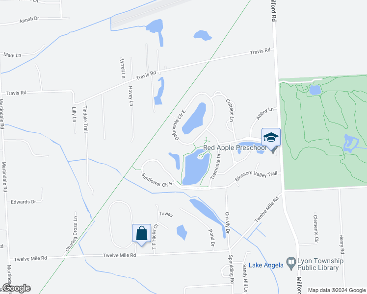 map of restaurants, bars, coffee shops, grocery stores, and more near 28192 Oakmonte Circle East in Lyon Charter Township