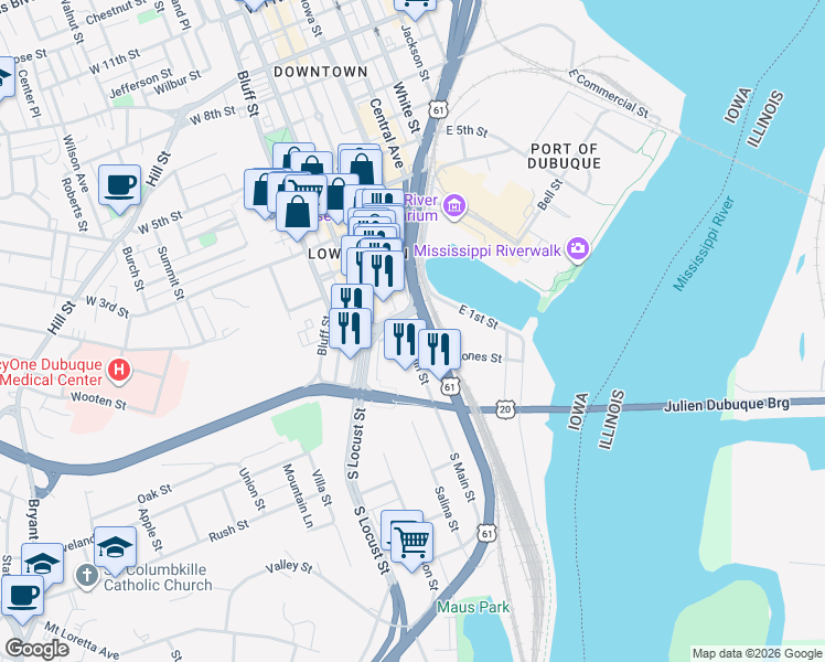 map of restaurants, bars, coffee shops, grocery stores, and more near 42 Main Street in Dubuque