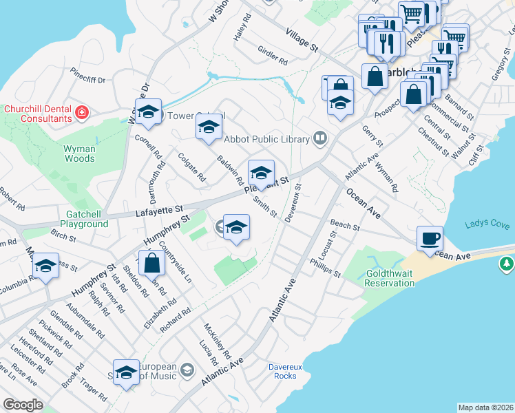 map of restaurants, bars, coffee shops, grocery stores, and more near 43 Smith St in Marblehead