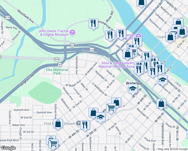 map of restaurants, bars, coffee shops, grocery stores, and more near 711 West 1st Street in Waterloo