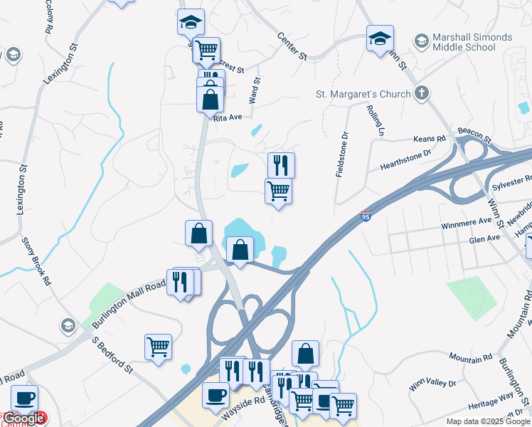map of restaurants, bars, coffee shops, grocery stores, and more near 30 Corporate Drive in Burlington