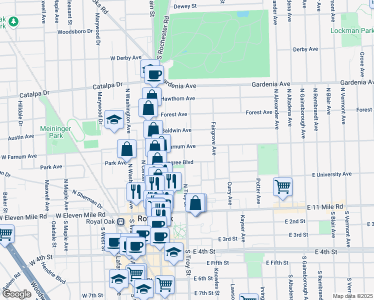 map of restaurants, bars, coffee shops, grocery stores, and more near 508 North Troy Street in Royal Oak