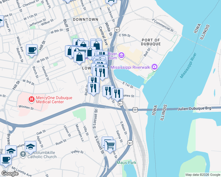 map of restaurants, bars, coffee shops, grocery stores, and more near 42 Main Street in Dubuque