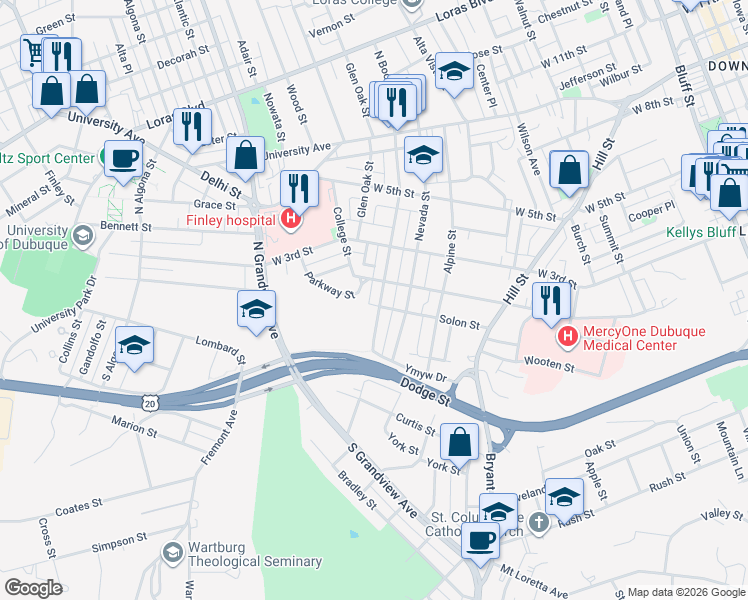 map of restaurants, bars, coffee shops, grocery stores, and more near 86 North Booth Street in Dubuque
