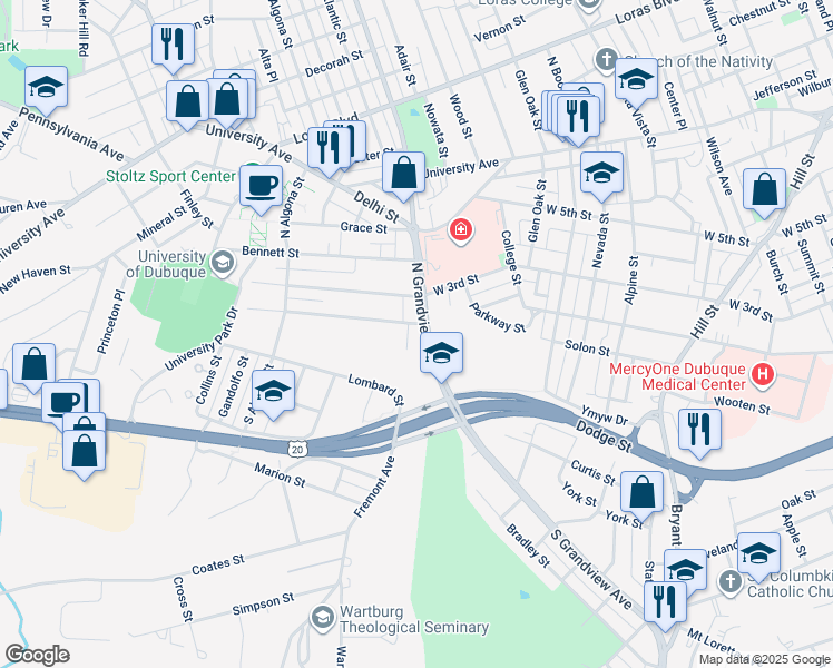 map of restaurants, bars, coffee shops, grocery stores, and more near 1770 Hale Street in Dubuque