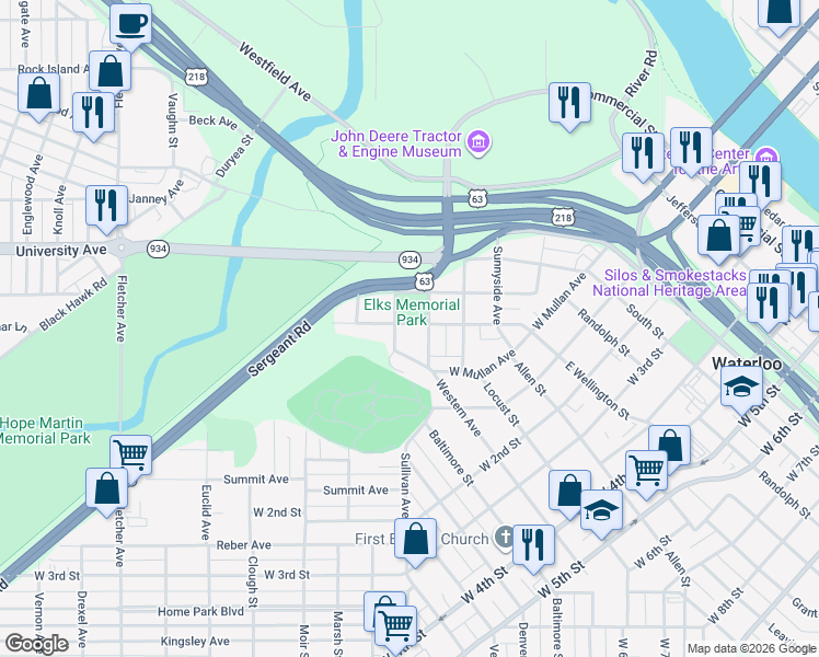map of restaurants, bars, coffee shops, grocery stores, and more near 210 Norimer Street in Waterloo