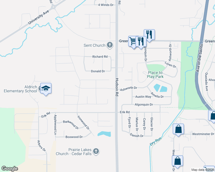map of restaurants, bars, coffee shops, grocery stores, and more near 4919 Hudson Road in Cedar Falls