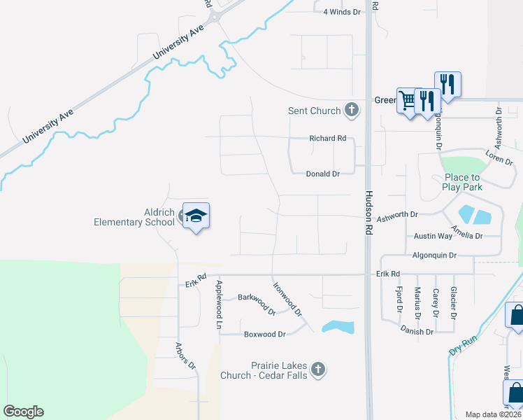 map of restaurants, bars, coffee shops, grocery stores, and more near 5205 Ironwood Drive in Cedar Falls