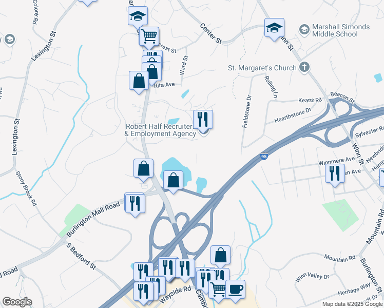 map of restaurants, bars, coffee shops, grocery stores, and more near 30 Corporate Drive in Burlington