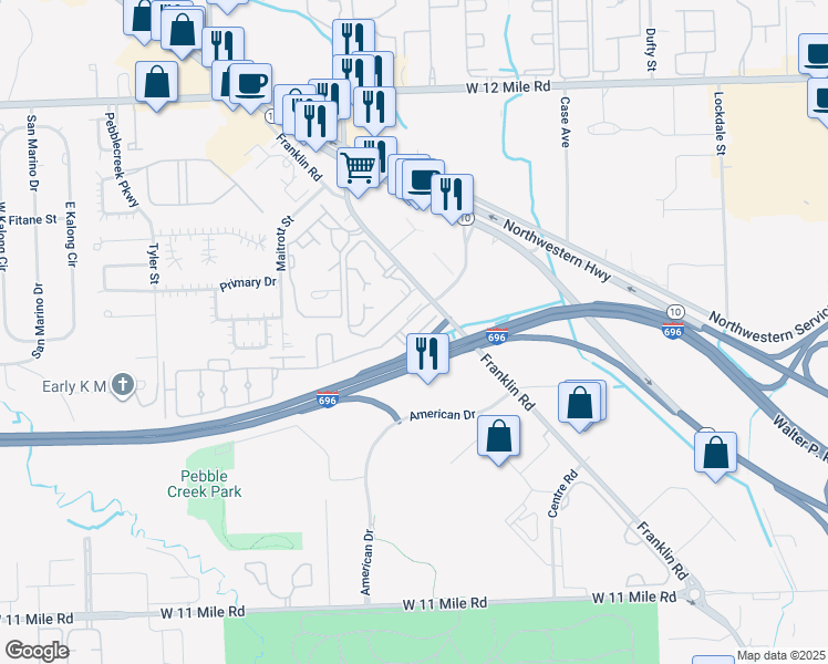 map of restaurants, bars, coffee shops, grocery stores, and more near 28129 Franklin Road in Southfield