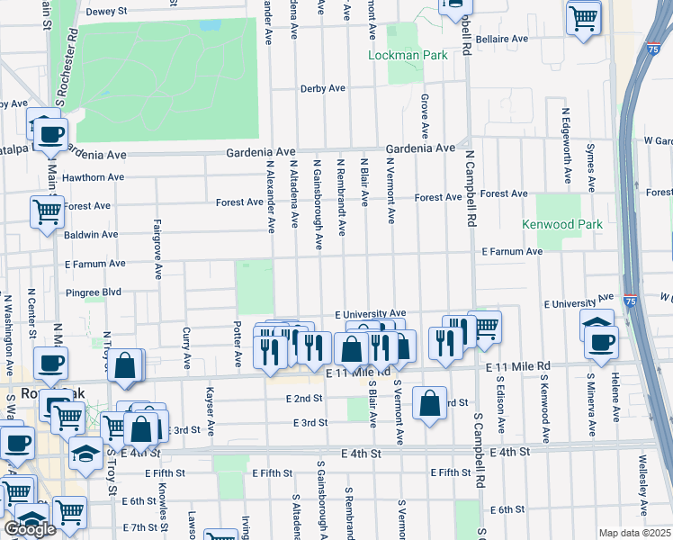 map of restaurants, bars, coffee shops, grocery stores, and more near 418 North Gainsborough Avenue in Royal Oak