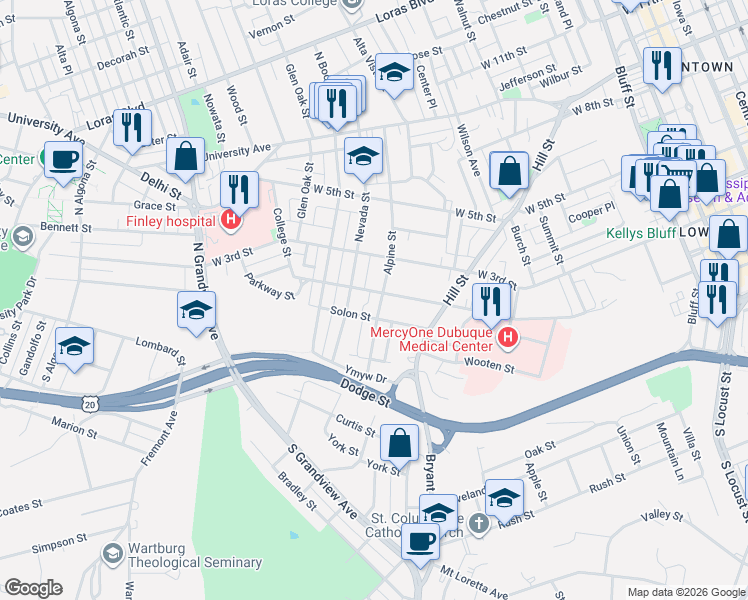 map of restaurants, bars, coffee shops, grocery stores, and more near 154 Alpine Street in Dubuque