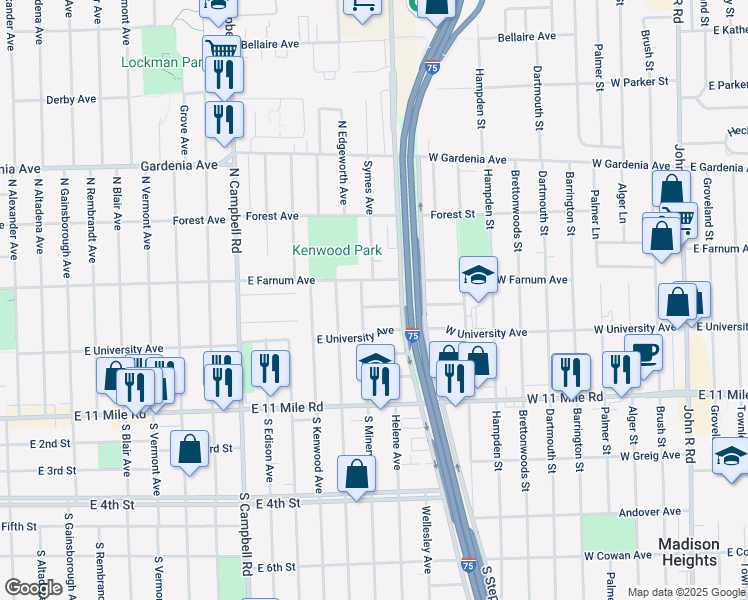 map of restaurants, bars, coffee shops, grocery stores, and more near 2226 Sprague Avenue in Royal Oak