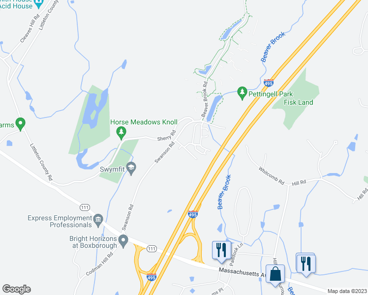 map of restaurants, bars, coffee shops, grocery stores, and more near 6 Spencer Road in Boxborough