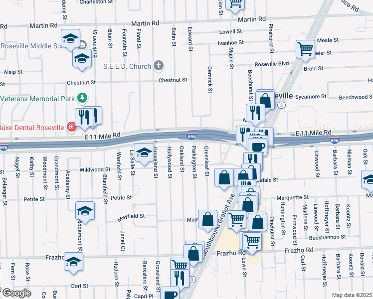 map of restaurants, bars, coffee shops, grocery stores, and more near 26775 Oakland Street in Roseville
