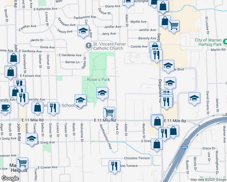 map of restaurants, bars, coffee shops, grocery stores, and more near 27334 Hales Street in Madison Heights