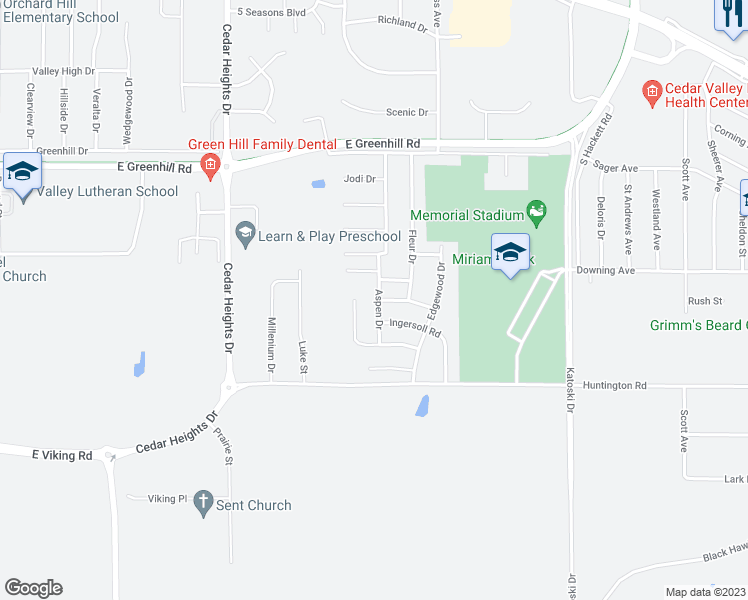 map of restaurants, bars, coffee shops, grocery stores, and more near 1404 Aspen Drive in Waterloo