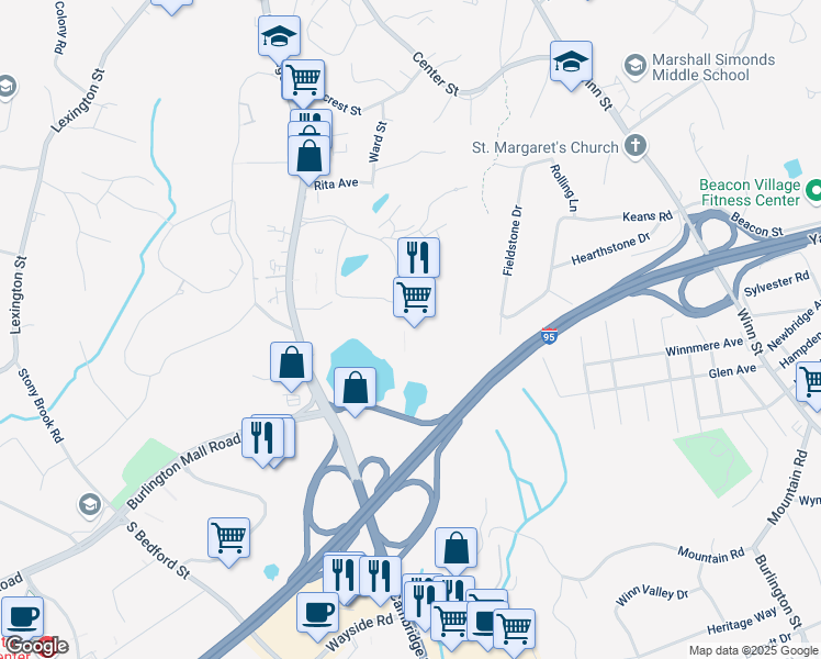 map of restaurants, bars, coffee shops, grocery stores, and more near 35 Corporate Drive in Burlington