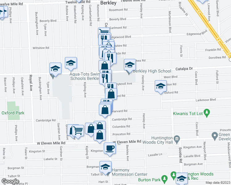 map of restaurants, bars, coffee shops, grocery stores, and more near 2434 Oxford Road in Berkley