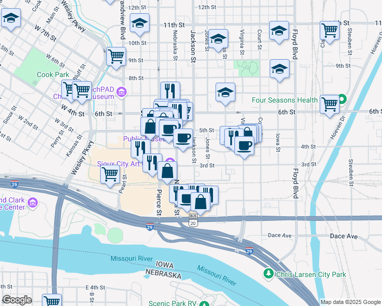 map of restaurants, bars, coffee shops, grocery stores, and more near 312 Jackson Street in Sioux City