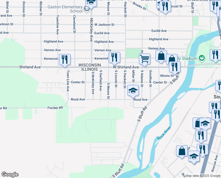 map of restaurants, bars, coffee shops, grocery stores, and more near 217 South Moore Street in South Beloit
