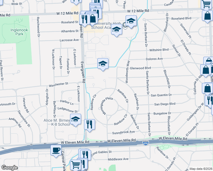 map of restaurants, bars, coffee shops, grocery stores, and more near 27852 Rainbow Circle in Lathrup Village
