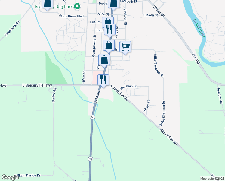 map of restaurants, bars, coffee shops, grocery stores, and more near 9210 Kinneville Road in Eaton Rapids