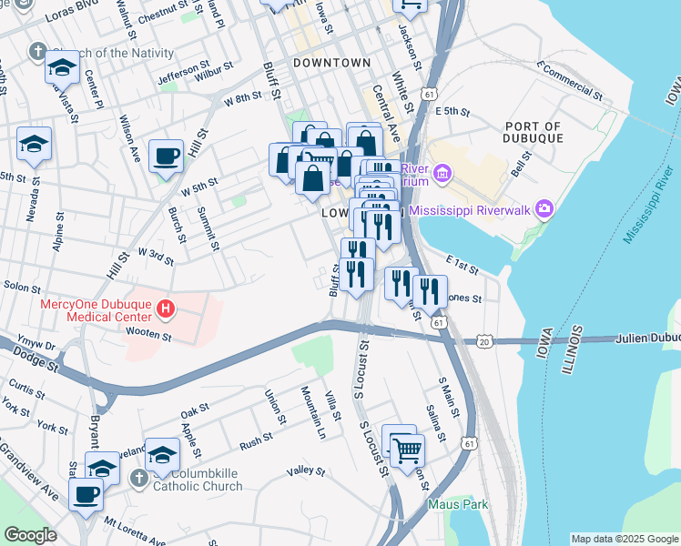 map of restaurants, bars, coffee shops, grocery stores, and more near 320 Jones Street in Dubuque