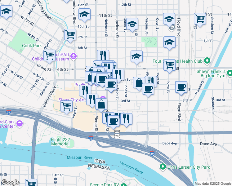 map of restaurants, bars, coffee shops, grocery stores, and more near 312 Jackson Street in Sioux City
