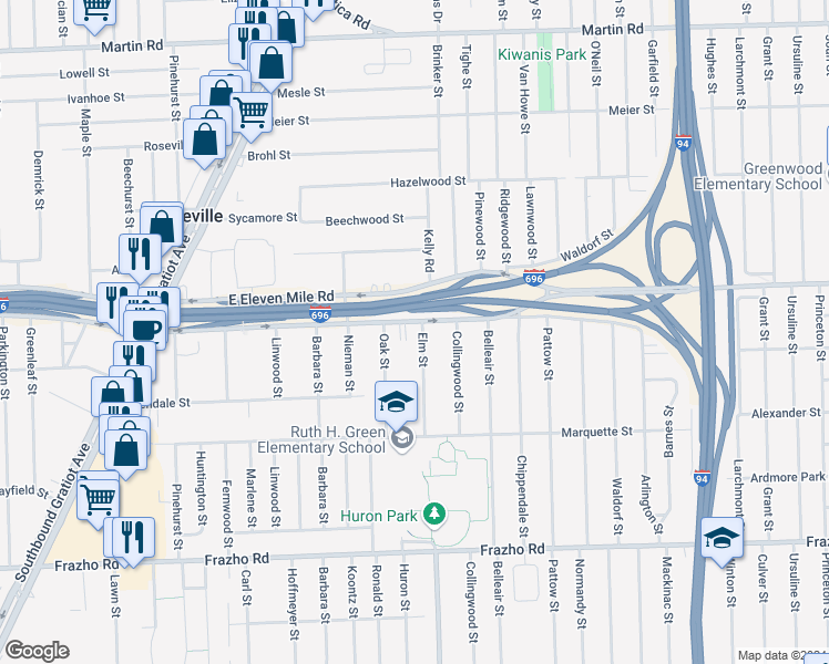 map of restaurants, bars, coffee shops, grocery stores, and more near 26833 Elm Street in Roseville