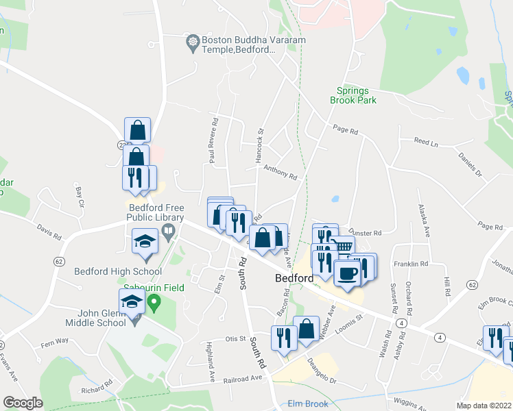 map of restaurants, bars, coffee shops, grocery stores, and more near 27 Hancock Street in Bedford
