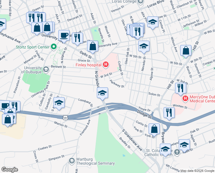 map of restaurants, bars, coffee shops, grocery stores, and more near 130 North Grandview Avenue in Dubuque
