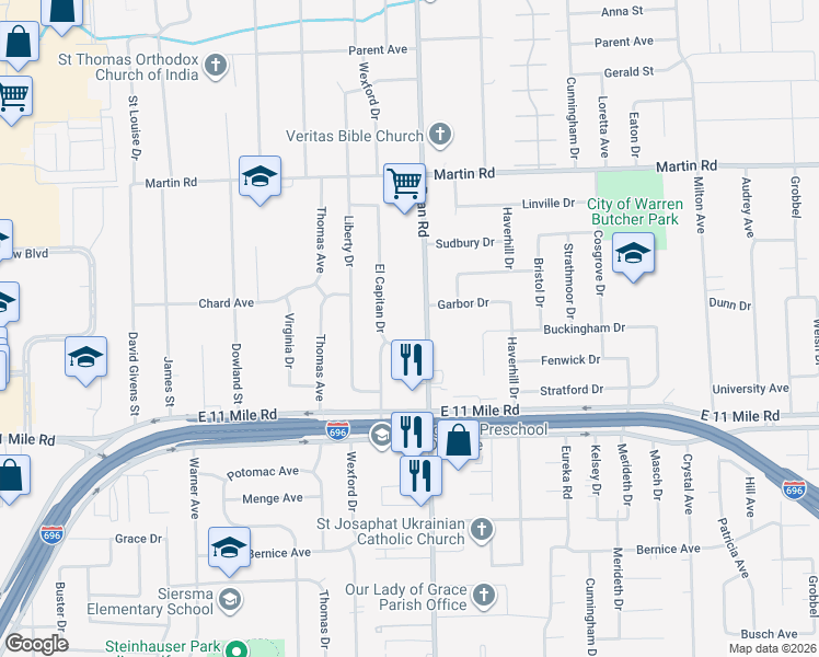 map of restaurants, bars, coffee shops, grocery stores, and more near 27244 Ryan Road in Warren