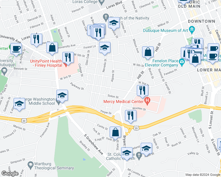map of restaurants, bars, coffee shops, grocery stores, and more near 196 Alpine Street in Dubuque