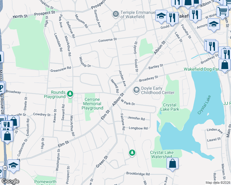 map of restaurants, bars, coffee shops, grocery stores, and more near 8 Mountain Avenue in Wakefield