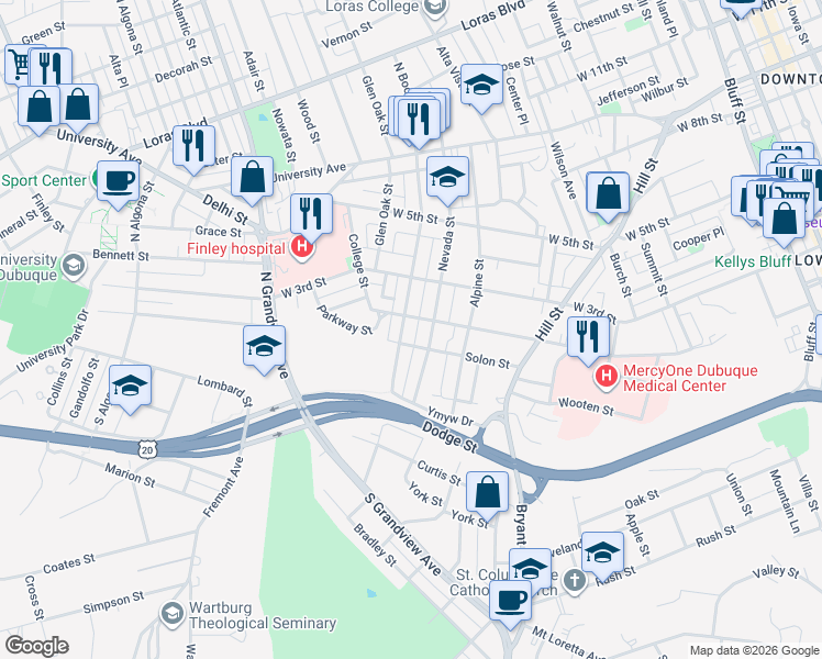 map of restaurants, bars, coffee shops, grocery stores, and more near 86-98 North Booth Street in Dubuque
