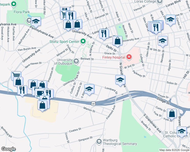 map of restaurants, bars, coffee shops, grocery stores, and more near 2085 Lombard St in Dubuque