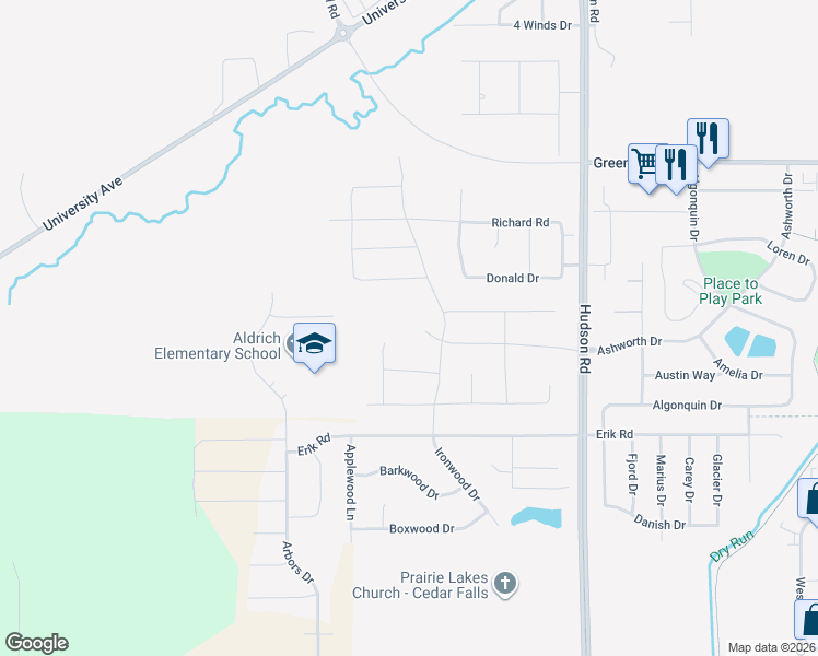 map of restaurants, bars, coffee shops, grocery stores, and more near 5205 Ironwood Drive in Cedar Falls