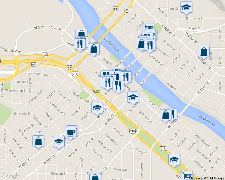 map of restaurants, bars, coffee shops, grocery stores, and more near 303 W 4th St in Waterloo