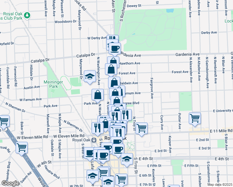 map of restaurants, bars, coffee shops, grocery stores, and more near N Main St & E Farnum Ave in Royal Oak
