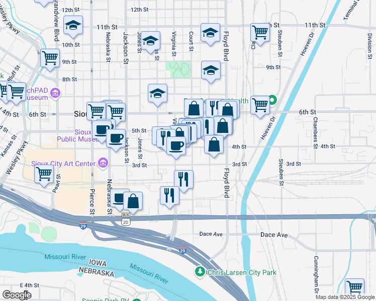 map of restaurants, bars, coffee shops, grocery stores, and more near 1020 4th Street in Sioux City
