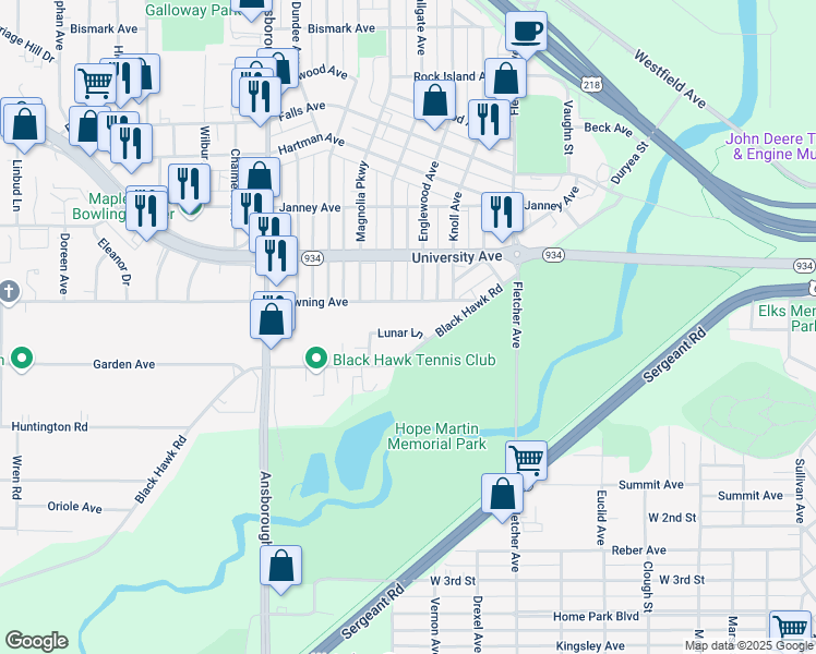 map of restaurants, bars, coffee shops, grocery stores, and more near 628 Lunar Lane in Waterloo