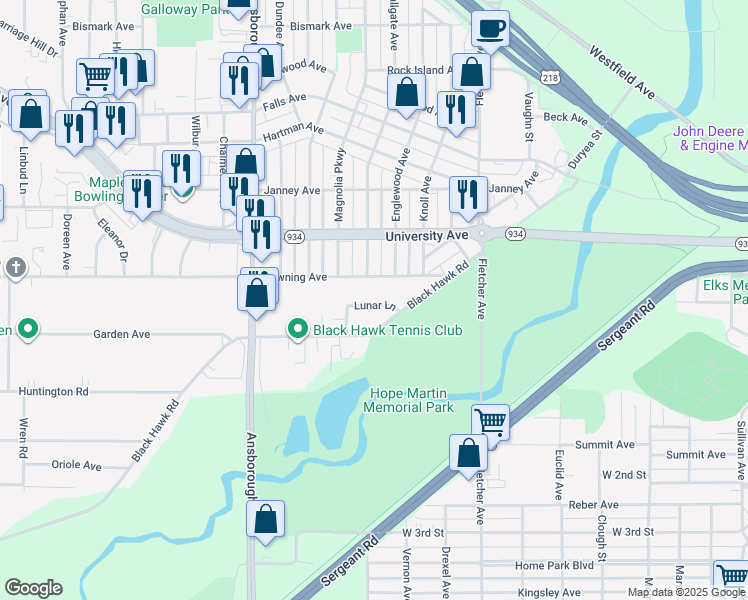 map of restaurants, bars, coffee shops, grocery stores, and more near 640 Lunar Lane in Waterloo