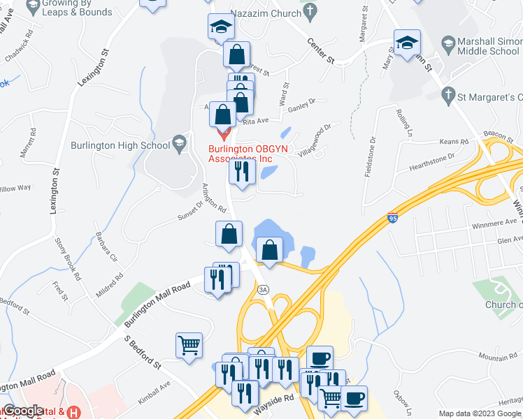 map of restaurants, bars, coffee shops, grocery stores, and more near 80 Cambridge Street in Burlington