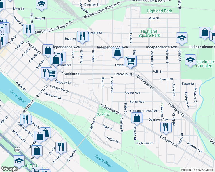 map of restaurants, bars, coffee shops, grocery stores, and more near 204 Rhey Street in Waterloo